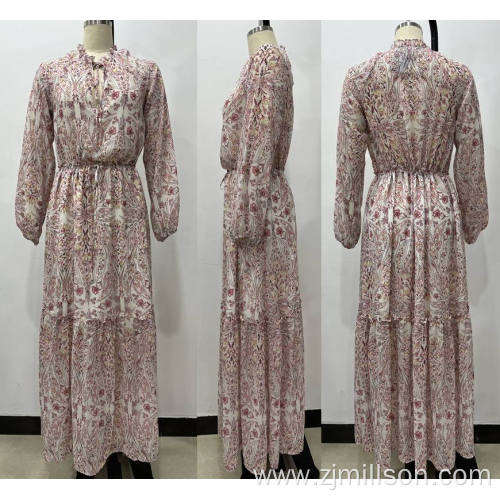 Long Sleeves Longuette Temperament Floral Waist Dress